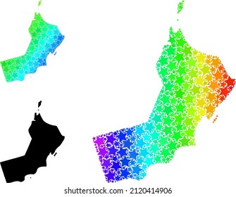 Spectral gradient stars mosaic map of Oman. Vector colored map of Oman with spectral gradients. Mosaic map of Oman collage is created with scattered colored star parts.