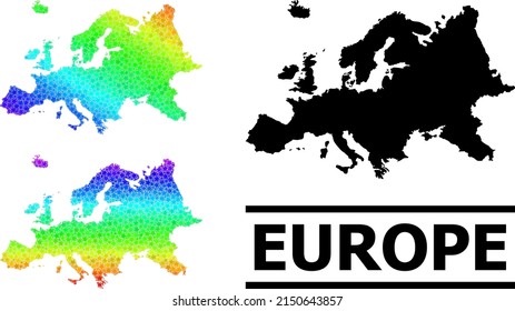 Spektrale Farbverlauf-Sterne Mosaik Karte von Europa. Vektorfarbige Europakarte mit Frequenzgradienten. Die Mosaikkarte der europäischen Collage ist mit chaotischen, bunten Sternelementen gestaltet.