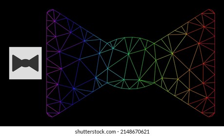 Spectral gradiented mesh bow tie icon. Geometric carcass flat network based on bow tie icon, generated with triangle mesh carcass, with spectral gradient.