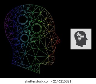 Icono de los engranajes cerebrales de malla gradientada espectral. La red plana de canales geométricas se basa en el icono de los engranajes cerebrales, generado con la carcasa de malla poligonal, con gradiente espectral.