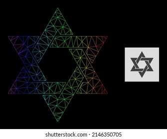 Spectral gradiented mesh david star icon. Geometric carcass flat net is based on david star icon, generated with triangle mesh net, with spectral gradient.