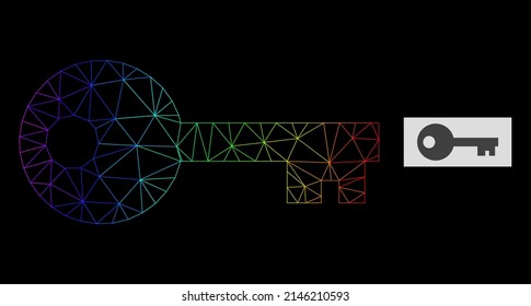 Spectral gradiented mesh key icon. Geometric carcass 2D network based on key icon, generated with polygonal mesh carcass, with spectral gradient.
