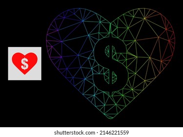 Spectral gradiented mesh love price icon. Geometric carcass flat net based on love price icon, generated with triangle mesh carcass, with spectral gradient.