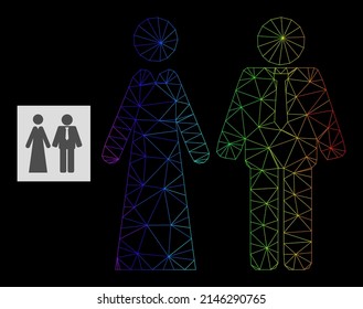 Spectral gradiented mesh newlyweds icon. Geometric carcass 2D network is based on newlyweds icon, generated with polygonal mesh network, with spectral gradient.