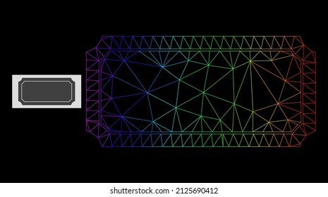 Spektralgestuftes Mesh-Ticketsymbol. Geometrisches Flachnetz auf der Grundlage des Bildrahmen-Ikons, erzeugt mit polygonalem Netz, mit Spektralgradienten.