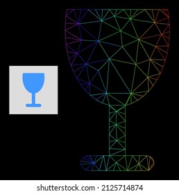 Spectral gradiented mesh wine cup icon. Geometric frame flat network based on wine cup icon, generated with triangular mesh carcass, with spectral gradient.