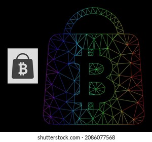 Spectral gradiented net bitcoin shopping bag icon. Geometric frame flat net based on bitcoin shopping bag icon, generated with triangular mesh net, with spectral gradient.