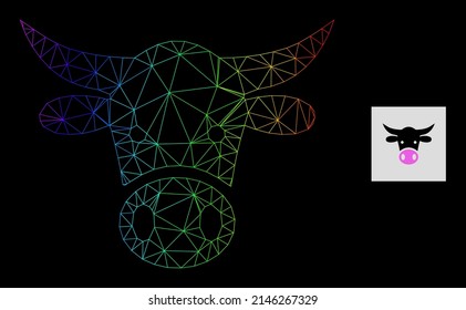 Spectral gradiented net cow head icon. Geometric carcass 2D net is based on cow head icon, generated with triangle mesh net, with spectral gradient.