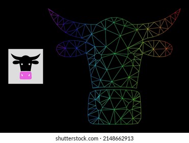 Spectral gradiented net cow head icon. Geometric carcass 2D net based on cow head icon, generated with polygonal mesh net, with spectral gradient.