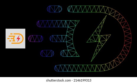 Spektralgestuftes Symbol für elektrische Spannung. Das Netz der geometrischen Schlachtkörper 2D basiert auf dem Symbol der elektrischen Spannung, erzeugt mit dreieckigen Maschenkarren, mit Regenbogenverlauf.