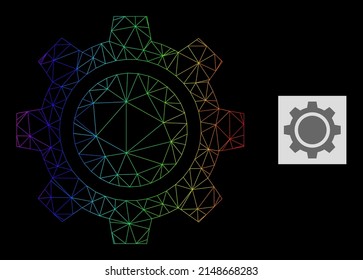 Spectral gradiented net gear wheel icon. Geometric frame 2D net is based on gear wheel icon, generated with polygonal mesh net, with spectral gradient.