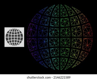 Spectral gradiented net globe icon. Geometric carcass flat net based on globe icon, generated with triangular mesh carcass, with spectral gradient.