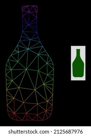 Spectral gradiented net wine bottle icon. Geometric frame flat net is based on wine bottle icon, generated with triangular mesh net, with spectral gradient.
