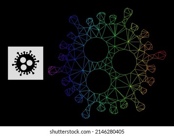 Icono de virus Covid de red con degradado espectral. La red 2D de canales geométricas se basa en el icono de virus Covid, generado a partir de la red de malla poligonal, con gradiente espectral.