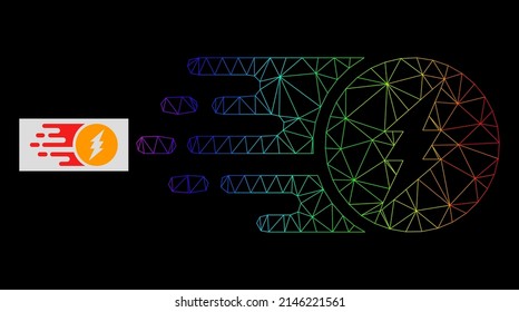 Spectral gradiented network electric charge icon. Geometric carcass flat network based on electric charge icon, generated with triangle mesh carcass, with spectral gradient.