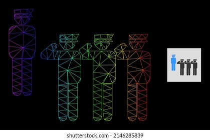 Spectral gradiented network military unit icon. Geometric carcass 2D network is based on military unit icon, generated with triangular mesh framework, with spectral gradient.