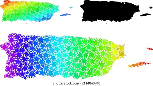 Spectral gradiented star collage map of Puerto Rico. Vector vibrant map of Puerto Rico with spectral gradients. Mosaic map of Puerto Rico collage is composed from chaotic colored star elements.