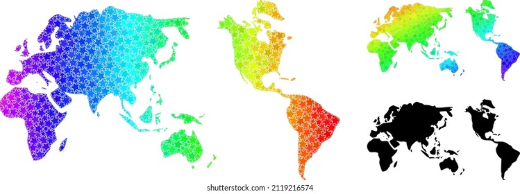 Spectral gradiented star collage map of Earth. Vector colored map of Earth with spectrum gradients. Mosaic map of Earth collage is done with randomized colored star parts.
