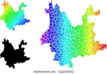 Mapa espectral de collage de estrellas de grano de la provincia de Yunnan. Mapa vibrante vectorial de la provincia de Yunnan con gradientes espectrales.