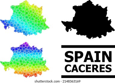 Spectral gradiented star collage map of Caceres Province. Vector colored map of Caceres Province with spectral gradients. Mosaic map of Caceres Province collage is made of random colored star items.