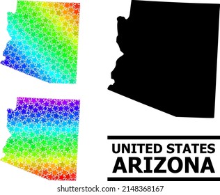 Spectral gradiented star collage map of Arizona State. Vector colored map of Arizona State with rainbow gradients. Mosaic map of Arizona State collage is formed with scattered colored star parts.