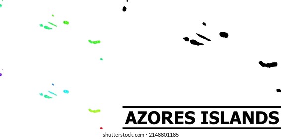 Mapa espectral de estrellas de collage de las islas Azores. Mapa vectorial vibrante de las islas Azores con gradientes espectrales. El mapa mosaico del collage de las islas Azores se hace con objetos estrella coloridos y caóticos.