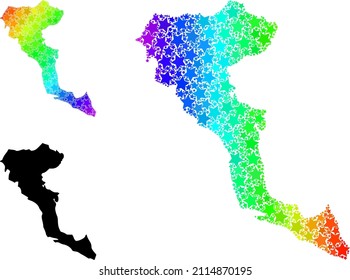 Spectral gradiented star mosaic map of Corfu Island. Vector colorful map of Corfu Island with spectrum gradients. Mosaic map of Corfu Island collage is formed of scattered colorful star parts.