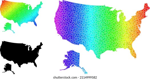 Spectral gradiented star mosaic map of USA and Alaska. Vector colorful map of USA and Alaska with spectral gradients. Mosaic map of USA and Alaska collage is organized of random color star parts.