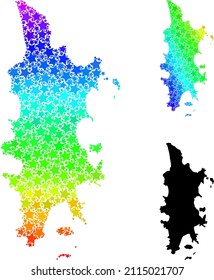 Spectral gradiented star mosaic map of Phuket. Vector vibrant map of Phuket with spectral gradients. Mosaic map of Phuket collage is constructed with scattered colored star items.