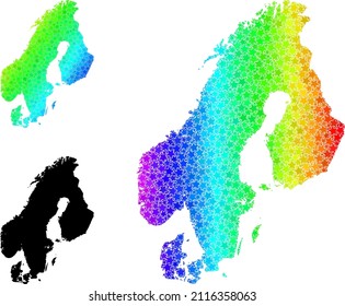 Spectral gradiented star mosaic map of Scandinavia. Vector colored map of Scandinavia with rainbow gradients. Mosaic map of Scandinavia collage is made with chaotic colored star elements.