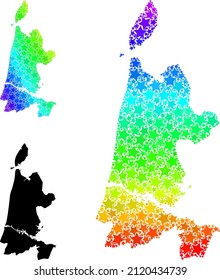 Spectral gradiented star mosaic map of North Holland. Vector colored map of North Holland with spectral gradients. Mosaic map of North Holland collage is done from random colored star elements.