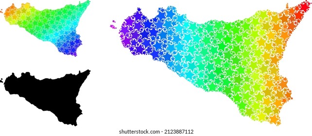 Spectral gradiented star mosaic map of Sicilia Island. Vector vibrant map of Sicilia Island with spectral gradients.