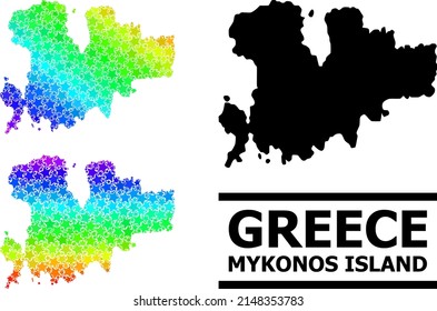 Spectral gradiented star mosaic map of Mykonos Island. Vector colorful map of Mykonos Island with spectral gradients. Mosaic map of Mykonos Island collage is formed of randomized colorful star items.