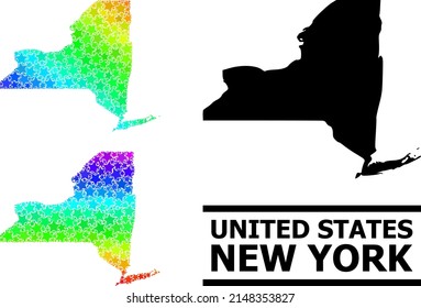 Spectral gradiented star mosaic map of New York State. Vector colorful map of New York State with rainbow gradients. Mosaic map of New York State collage is formed with chaotic colored star parts.