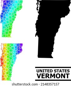 Spectral gradiented star mosaic map of Vermont State. Vector colorful map of Vermont State with spectral gradients. Mosaic map of Vermont State collage is created with randomized color star items.