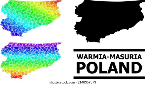 Spectral gradiented star mosaic map of Warmia-Masuria Province. Vector vibrant map of Warmia-Masuria Province with spectrum gradients.