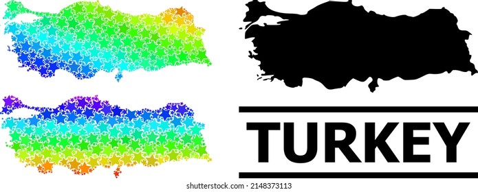 Spectral gradiented star mosaic map of Turkey. Vector colorful map of Turkey with spectral gradients. Mosaic map of Turkey collage is designed from scattered colorful star elements.