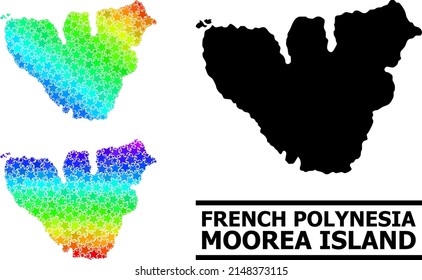 Spectral gradiented star mosaic map of Moorea Island. Vector colorful map of Moorea Island with spectrum gradients. Mosaic map of Moorea Island collage is composed with randomized colorful star parts.