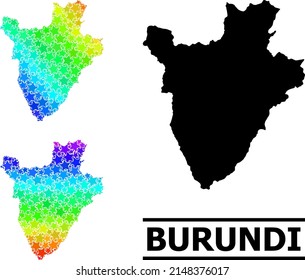 Spectral gradiented star mosaic map of Burundi. Vector colorful map of Burundi with rainbow gradients. Mosaic map of Burundi collage is composed with randomized colorful star items.