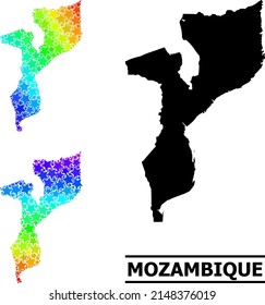 Spectral gradiented star mosaic map of Mozambique. Vector colored map of Mozambique with spectral gradients. Mosaic map of Mozambique collage is made with randomized color star elements.