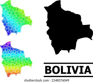 Spectral gradiented star mosaic map of Bolivia. Vector vibrant map of Bolivia with spectral gradients. Mosaic map of Bolivia collage is designed of chaotic colorful star parts.