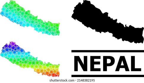 Spectral gradiented star mosaic map of Nepal. Vector vibrant map of Nepal with spectral gradients. Mosaic map of Nepal collage is formed with random colorful star parts.