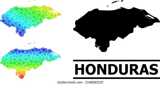 Spectral gradiented star mosaic map of Honduras. Vector vibrant map of Honduras with spectral gradients. Mosaic map of Honduras collage is designed of randomized colored star elements.