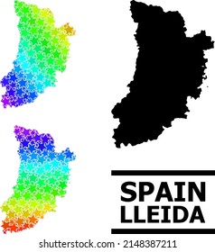Spectral gradiented star mosaic map of Lleida Province. Vector vibrant map of Lleida Province with spectral gradients.