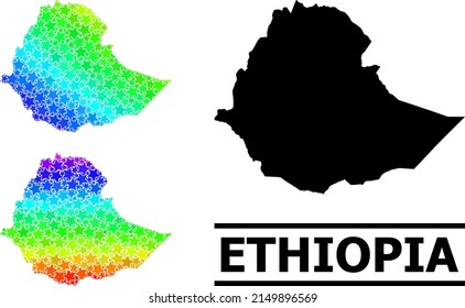 Spectral gradiented star mosaic map of Ethiopia. Vector vibrant map of Ethiopia with spectral gradients. Mosaic map of Ethiopia collage is created of random colorful star parts.