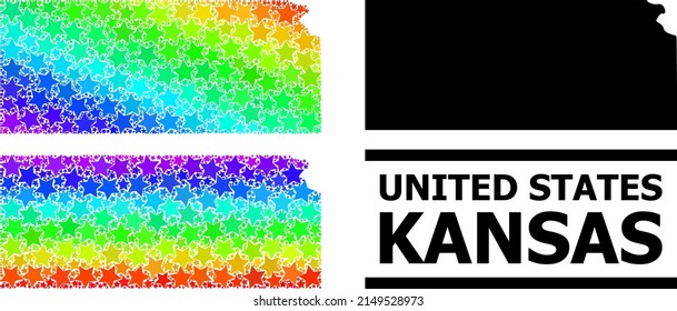 Spectral gradiented starred collage map of Kansas State. Vector vibrant map of Kansas State with spectral gradients. Mosaic map of Kansas State collage is designed with scattered color star elements.