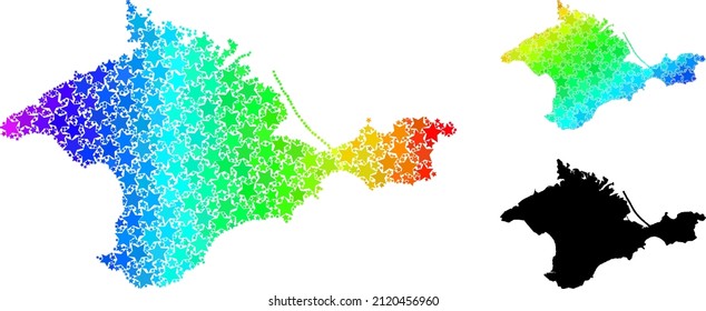 Spectral gradiented starred mosaic map of Crimea. Vector colorful map of Crimea with spectral gradients. Mosaic map of Crimea collage is designed from chaotic colorful star items.