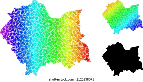 Spectral gradiented starred mosaic map of Lesser Poland Province. Vector colored map of Lesser Poland Province with rainbow gradients.