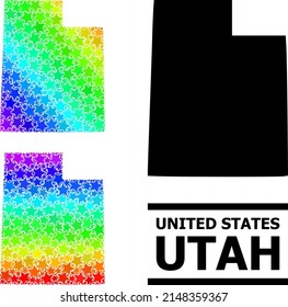 Spectral gradiented stars collage map of Utah State. Vector colored map of Utah State with spectral gradients. Mosaic map of Utah State collage is done with scattered colored star parts.