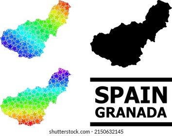 Spectral gradiented stars collage map of Granada Province. Vector colorful map of Granada Province with rainbow gradients.